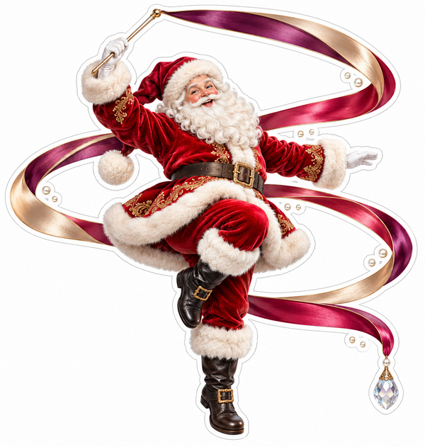 Santa Twirling Burgundy Gold Ribbon Vinyl Decal Stickers