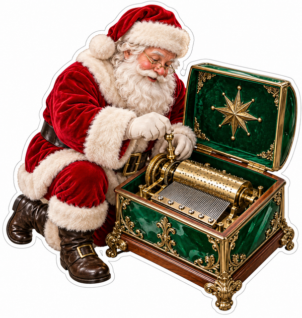 Santa Tuning a Gold Cylinder in Green Music Box Vinyl Decal Stickers