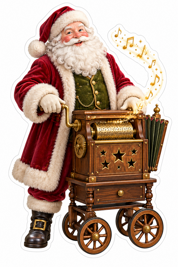 Santa Cranking a Wooden Music Cart with Stars Vinyl Decal Stickers