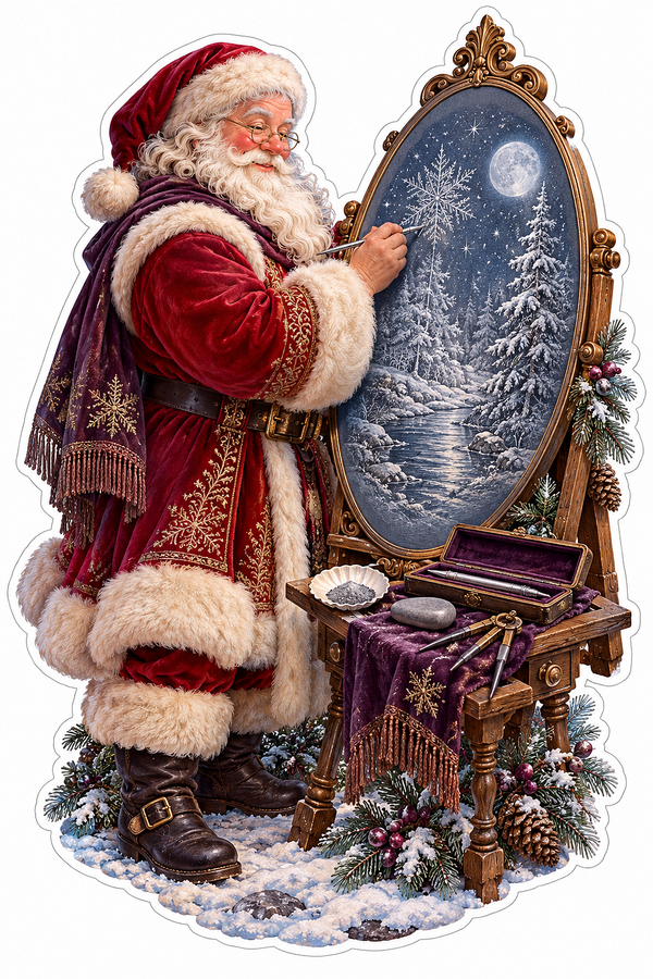 Santa Etching Oval Moonlit Forest Panel Vinyl Decal Stickers