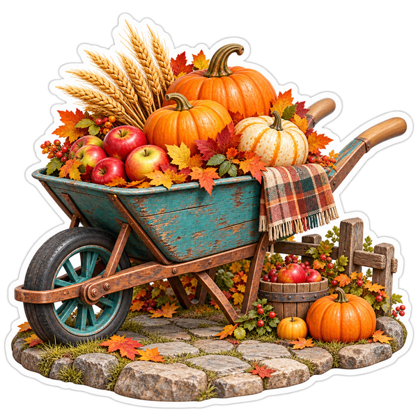 Harvest Wheelbarrow With Pumpkins and Apples Art Vinyl Decal Stickers