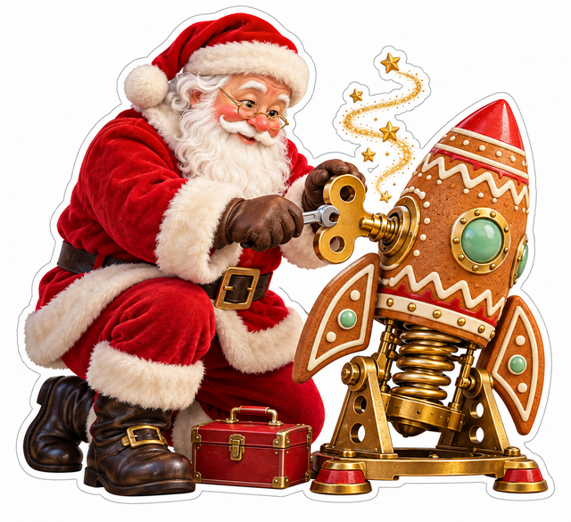 Santa Winding Gingerbread Toy Rocket Vinyl Decal Stickers