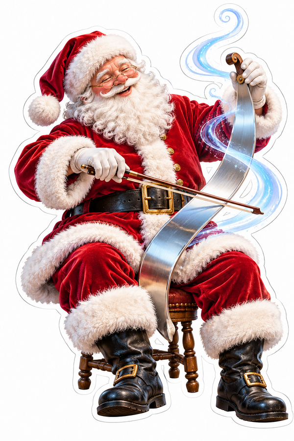 Santa Bowing a Curved Silver Musical Saw Vinyl Decal Stickers
