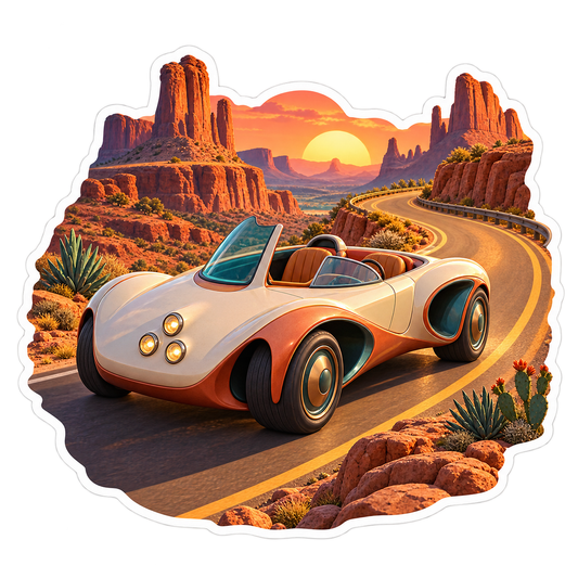 Fictional Desert Roadster Sunset Curve Sticker Decal