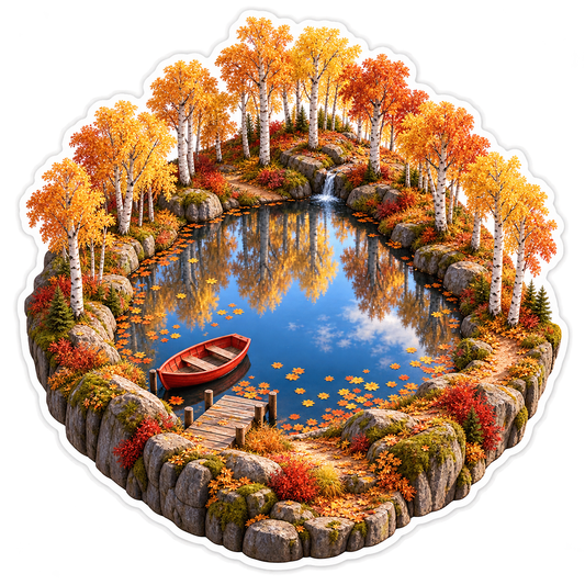 Autumn Birch Mirror Pond Rowboat Sticker Decal