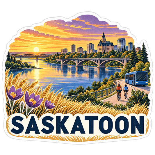 Saskatoon prairie sunset river bridge travel sticker decal