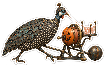 Blackened Brass Helmeted Guineafowl Pumpkin Bobbin Lace Wheel Sticker Decal