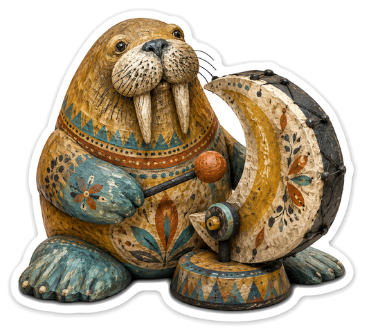 Papier Mache Walrus Moon Drum Sticker Decal