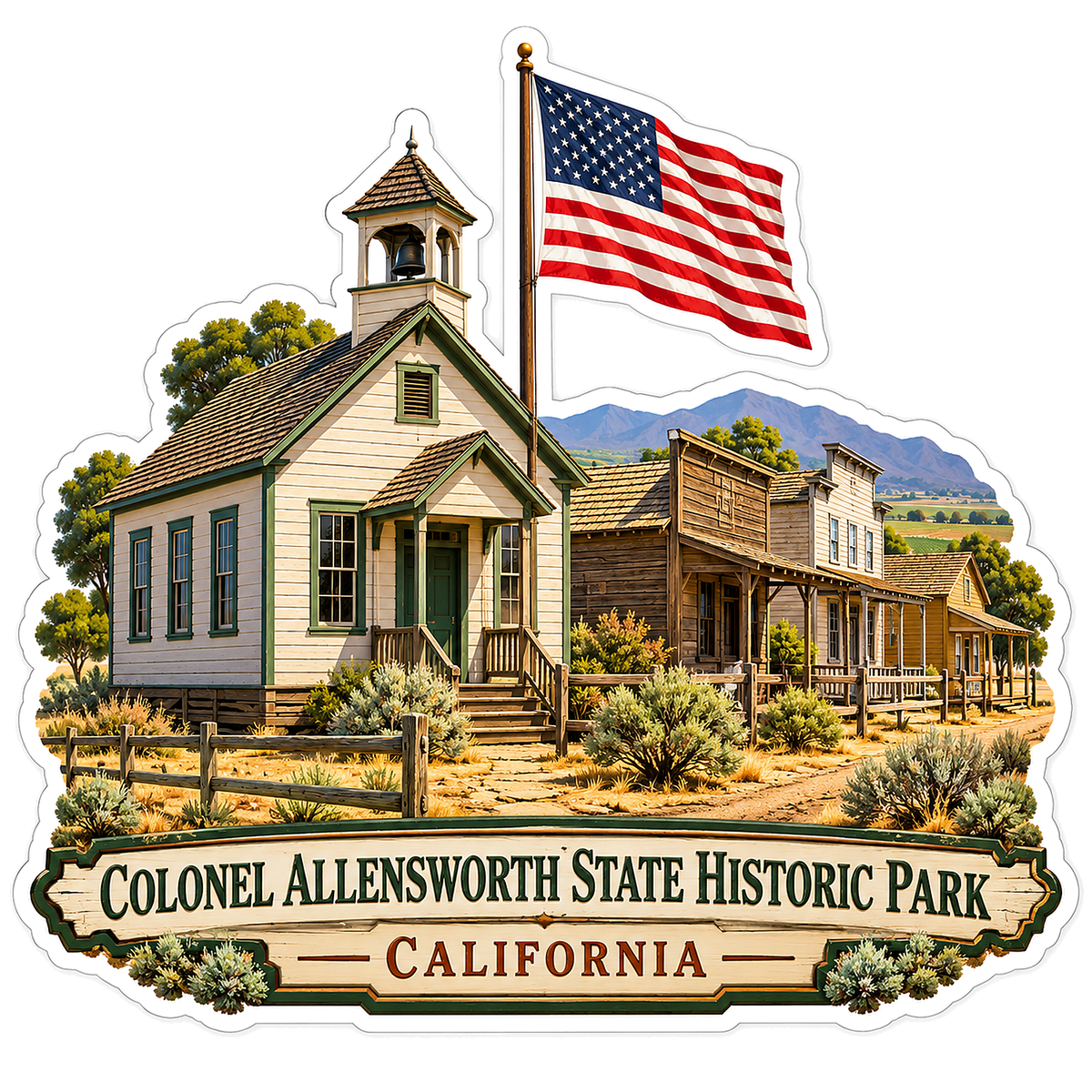Allensworth Historic Church and US Flag Vinyl Decal Stickers