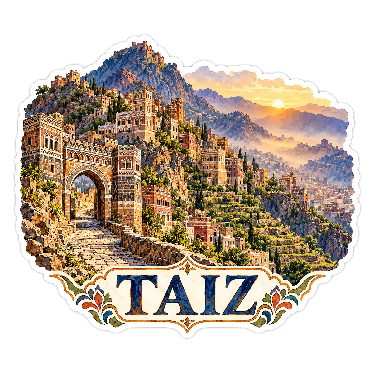 Taiz Mountain City Stone Arch Sunset Art Vinyl Decal Stickers
