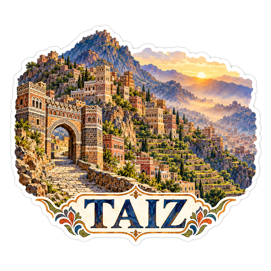 Taiz Mountain City Stone Arch Sunset Art Vinyl Decal Stickers