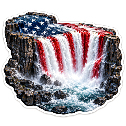 Rocky Waterfall Draped American Flag Art Vinyl Decal Stickers