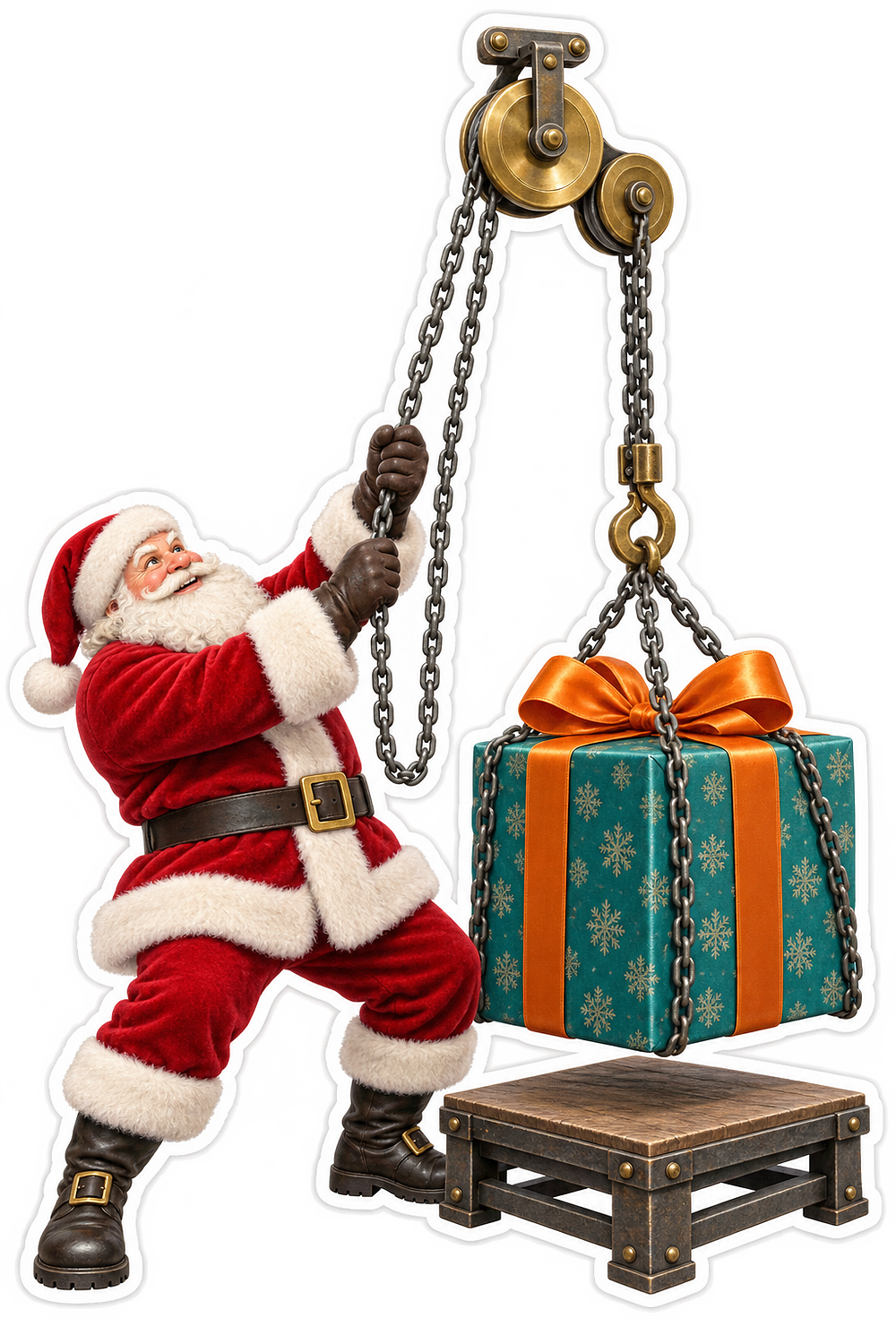 Santa Lifting Gift with Chain Pulley Art Vinyl Decal Stickers
