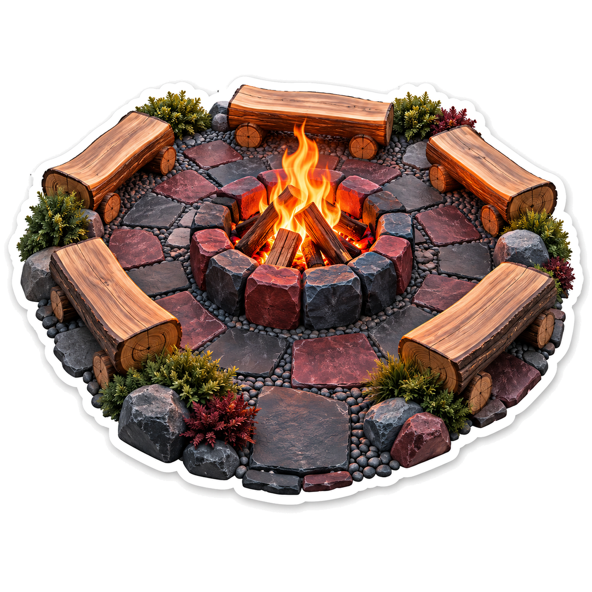 Stone Campfire Circle with Curved Log Benches Vinyl Decal Stickers