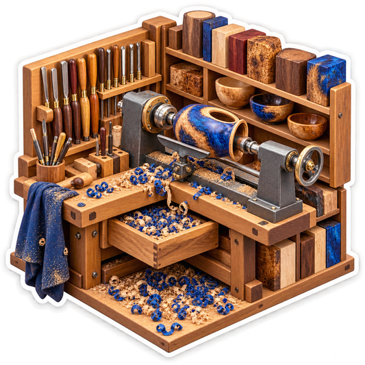 Woodturning Lathe with Blue Patterned Bowl Vinyl Decal Stickers