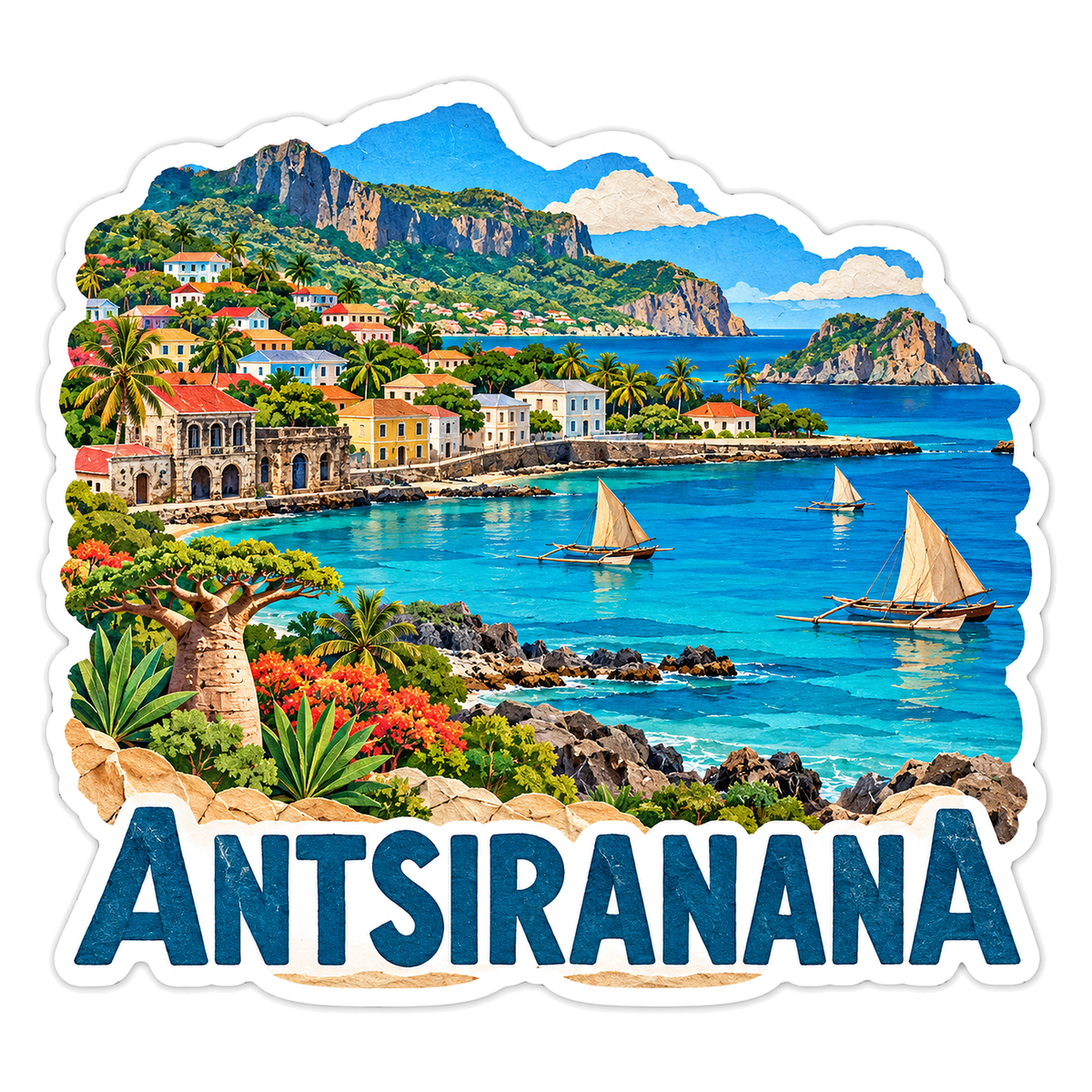 Antsiranana Blue Bay Sailboats Travel Art Vinyl Decal Stickers