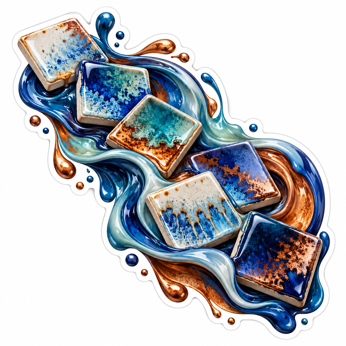 Ceramic Glaze Tiles with Blue Copper Swirls Vinyl Decal Stickers
