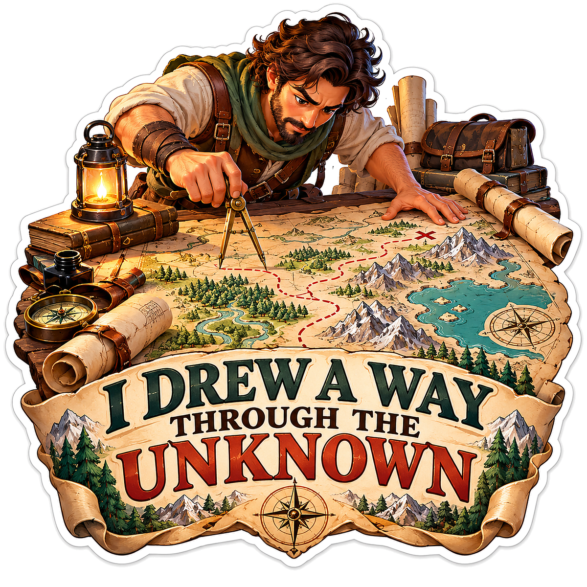 Man Drawing Mountain Routes on Antique Map Vinyl Decal Stickers