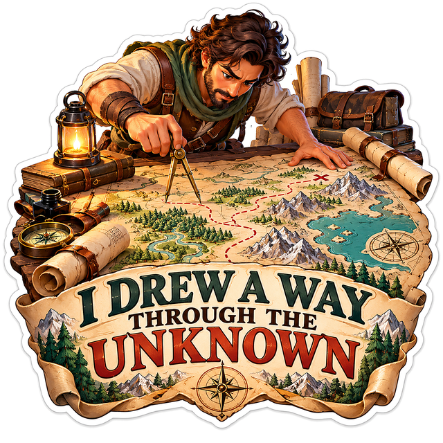 Man Drawing Mountain Routes on Antique Map Vinyl Decal Stickers