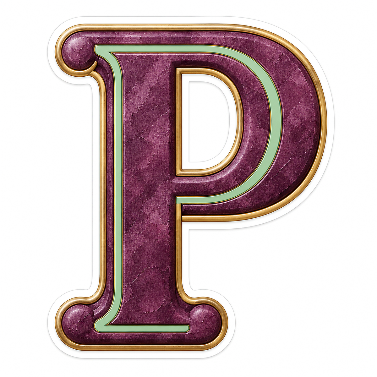 Plum Mottled Mint Gold Trim Letter P Vinyl Decal Stickers