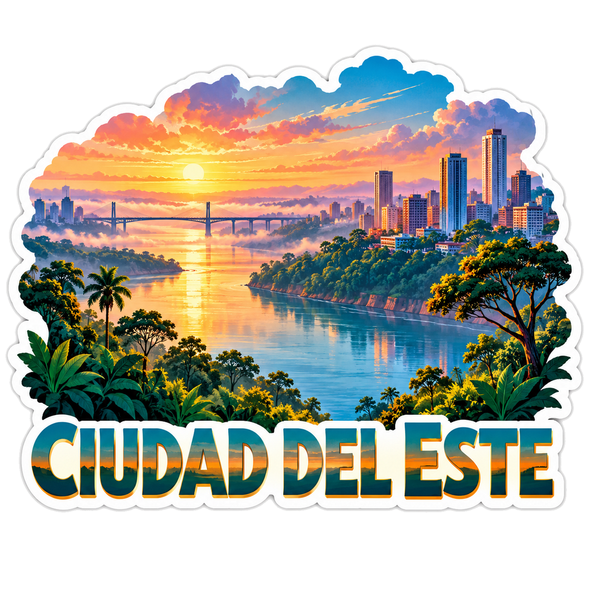 Ciudad del Este River and Skyline Sunrise Art Vinyl Decal Stickers