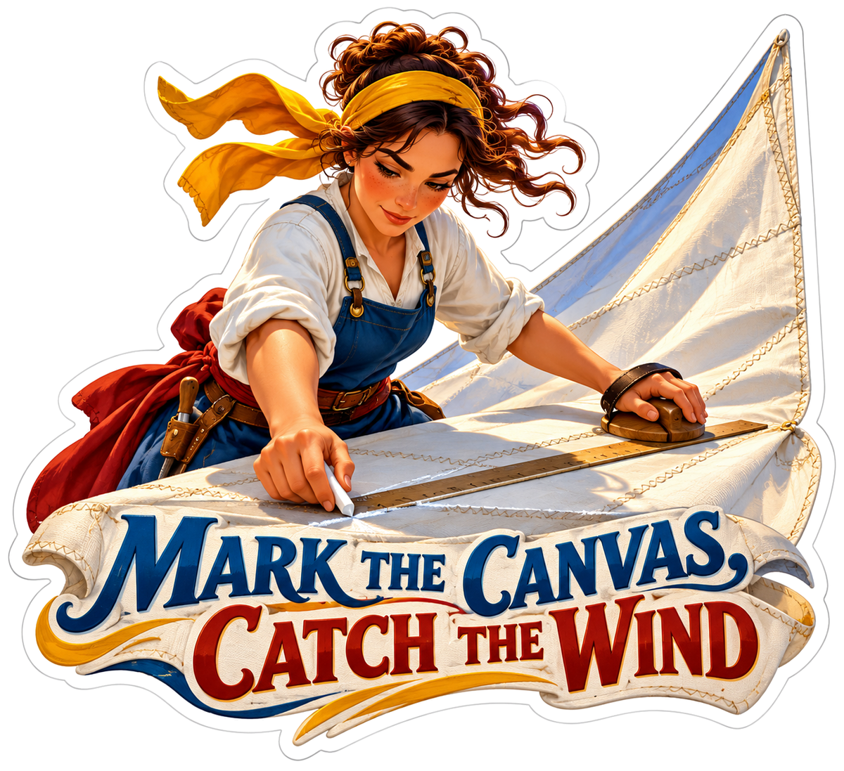 Woman Marking White Sail Canvas with Ruler Vinyl Decal Stickers