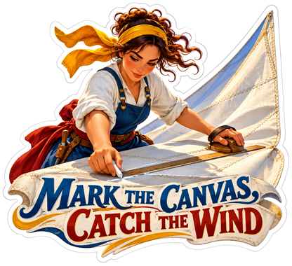 Woman Marking White Sail Canvas with Ruler Vinyl Decal Stickers