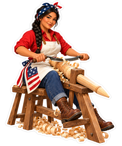 Woman Carving Spindle on Wooden Shaving Horse Vinyl Decal Stickers