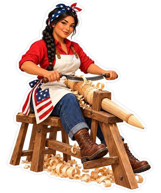 Woman Carving Spindle on Wooden Shaving Horse Vinyl Decal Stickers