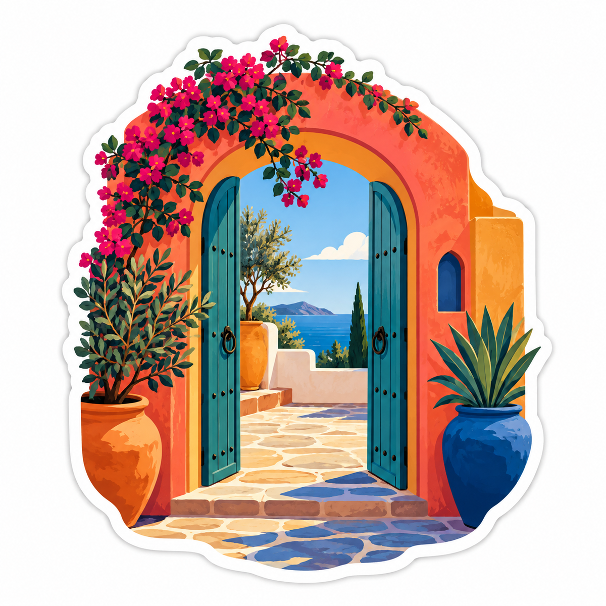 Orange Arch Teal Door Flower Terrace Art Vinyl Decal Stickers