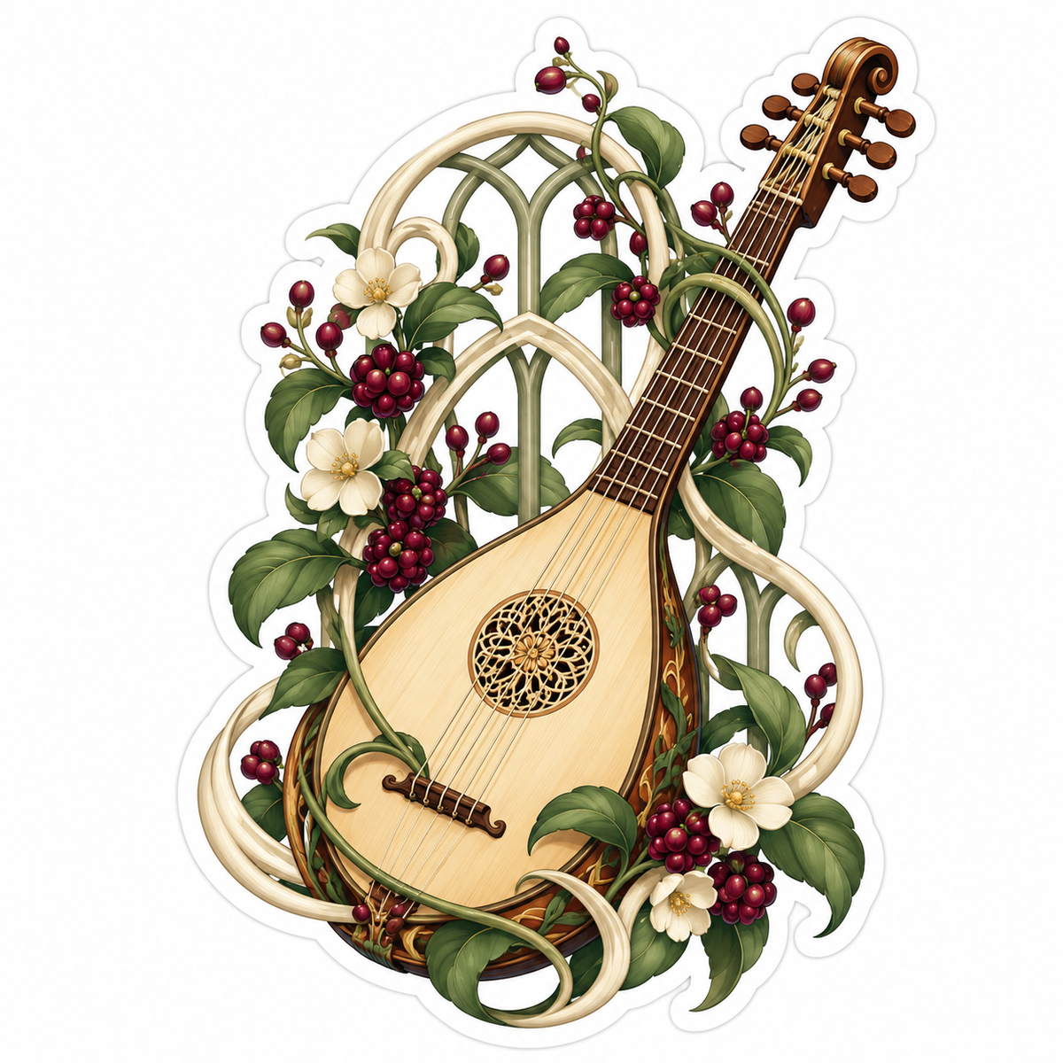 Pear Shaped Lute Floral Trellis Art Vinyl Decal Stickers