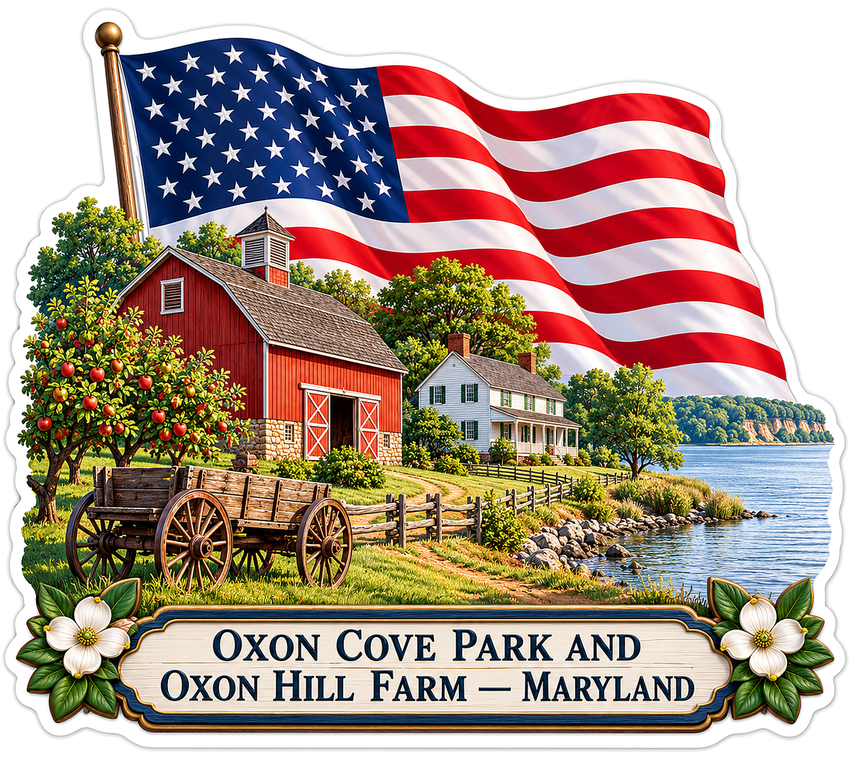 Maryland Red Barn Waterfront US Flag Art Vinyl Decal Stickers