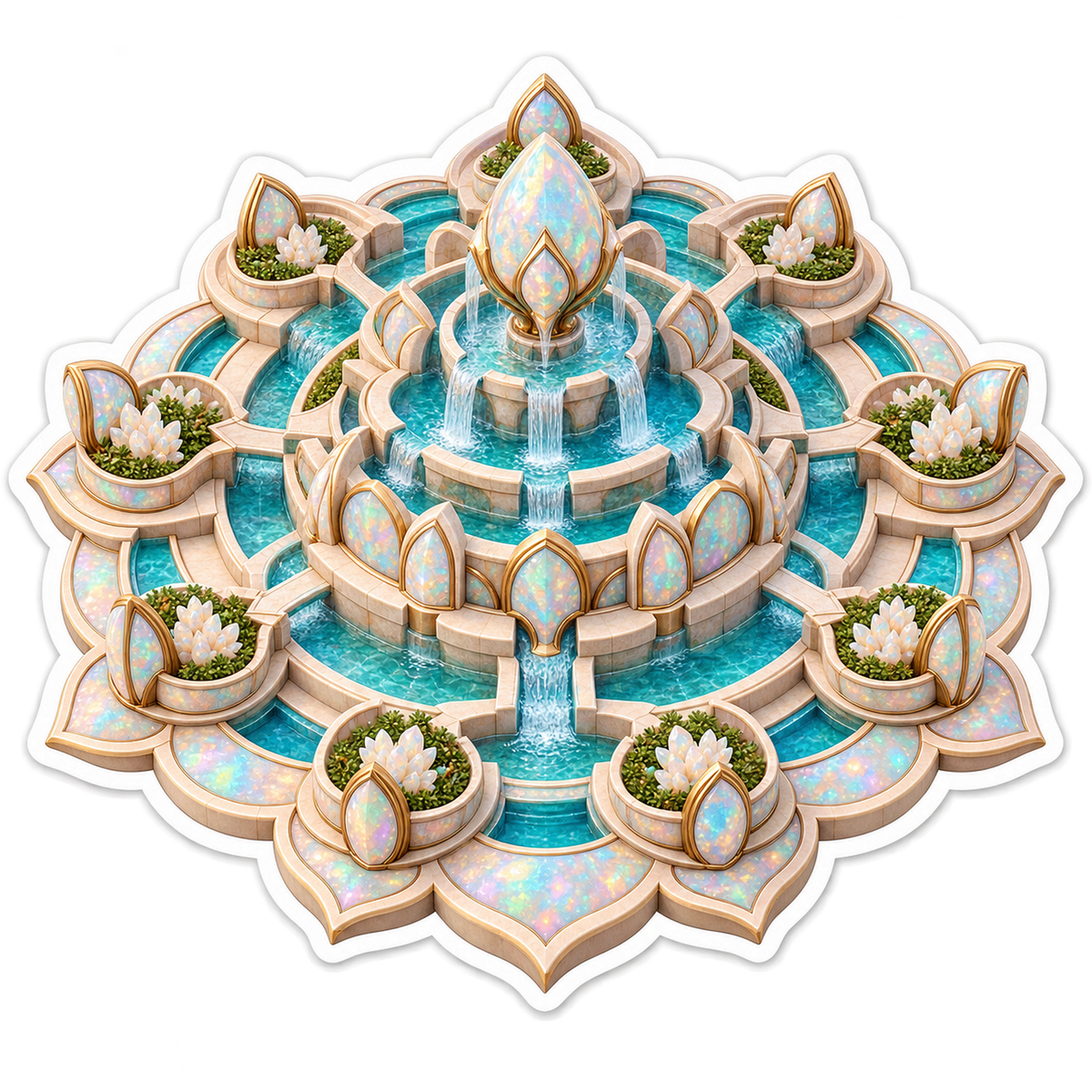 Opal Lotus Fountain with Tiered Blue Pools Vinyl Decal Stickers