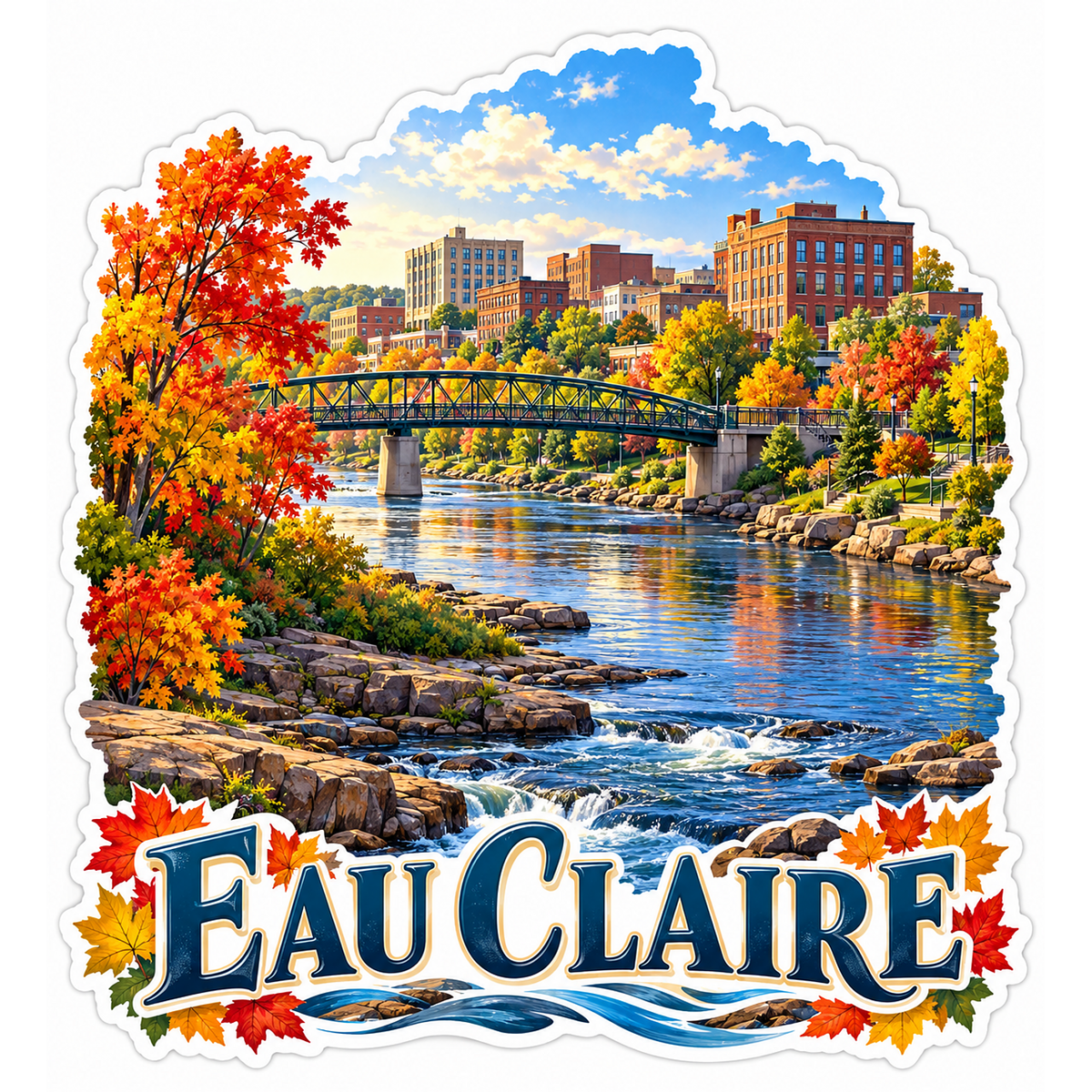 Eau Claire Autumn River and Footbridge Vinyl Decal Stickers