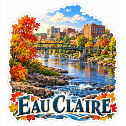 Eau Claire Autumn River and Footbridge Vinyl Decal Stickers