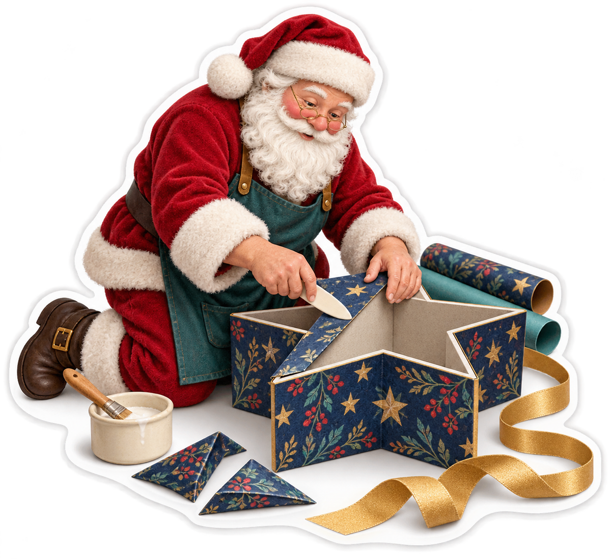 Santa Crafting a Dark Blue Star Box Vinyl Decal Stickers