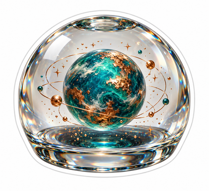Glass Paperweight with Green Planet Orbits Vinyl Decal Stickers