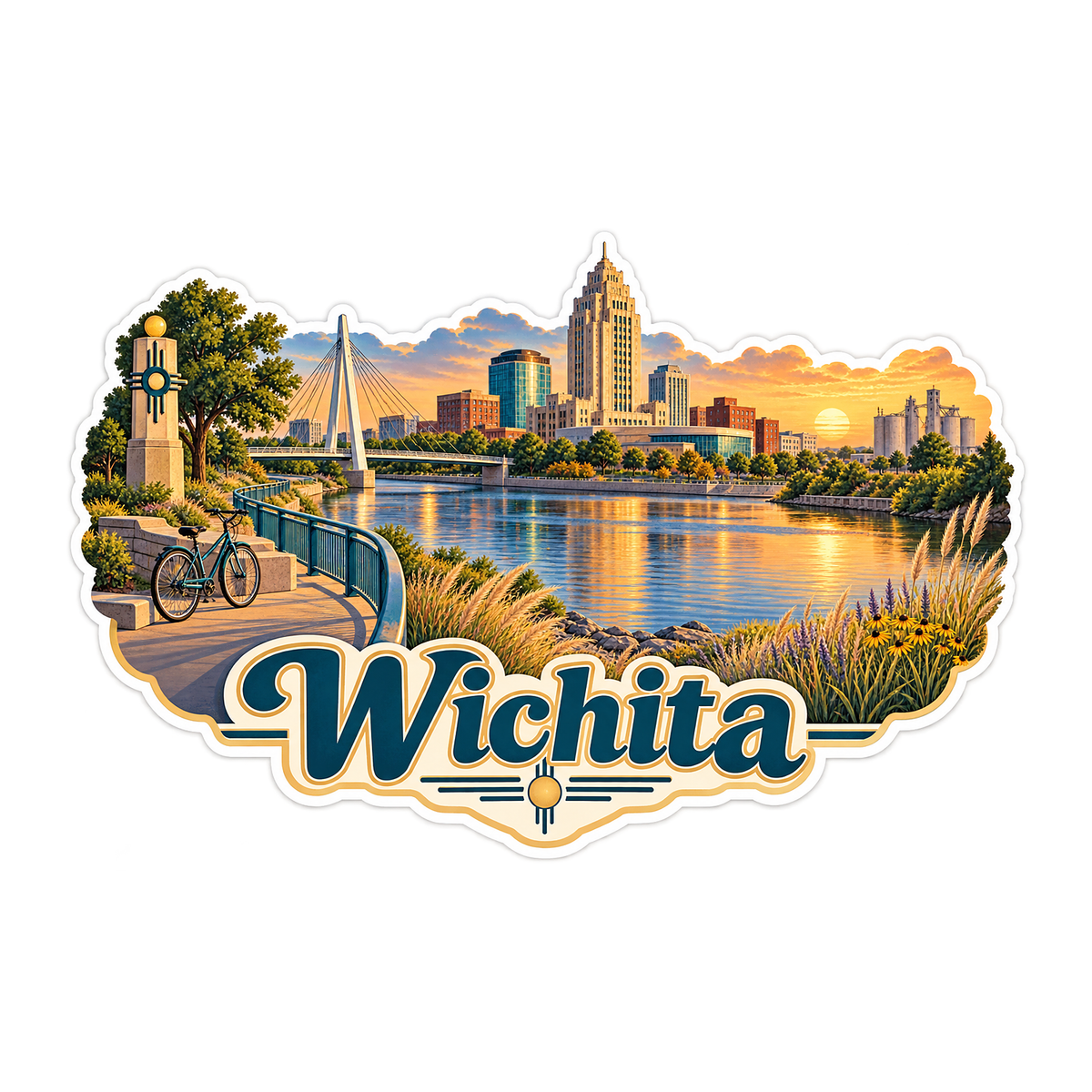 Wichita Sunset River Skyline Art Vinyl Decal Stickers