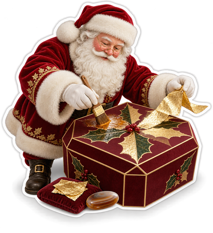 Santa Decorating Gold Holly Gift Box Art Vinyl Decal Stickers