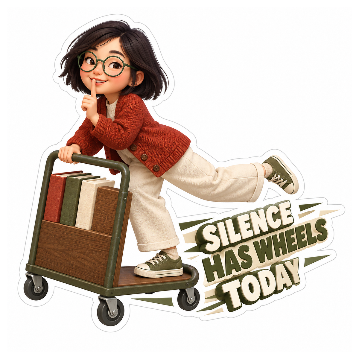 Woman Riding Book Trolley Art Vinyl Decal Stickers