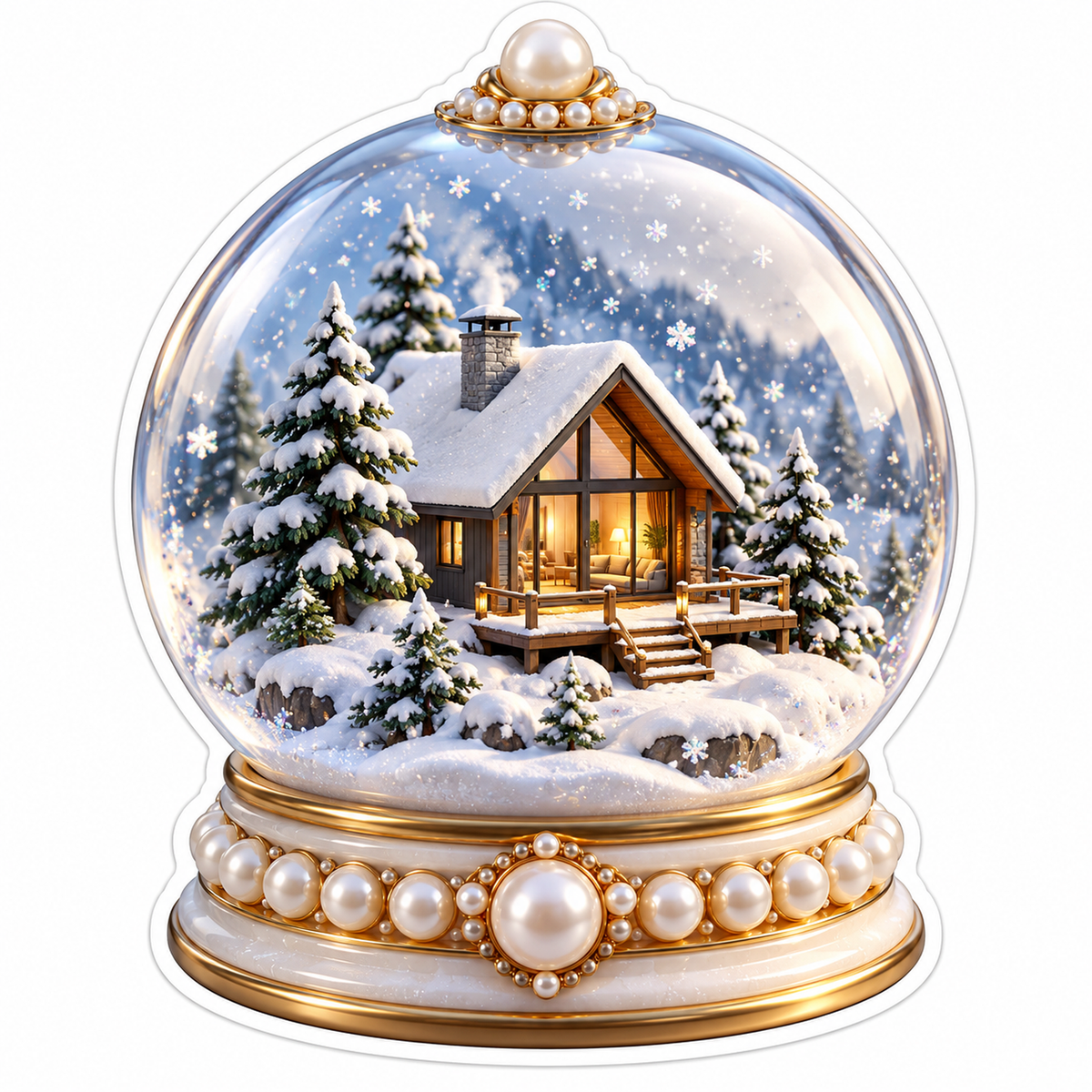 Snowy Cabin Globe with Pearl Trim Vinyl Decal Stickers
