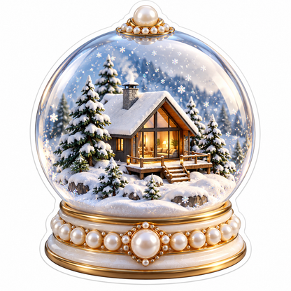 Snowy Cabin Globe with Pearl Trim Vinyl Decal Stickers