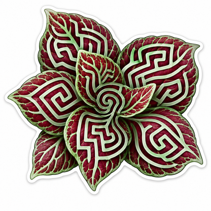 Burgundy Fittonia Leaves with Green Maze Art Vinyl Decal Stickers