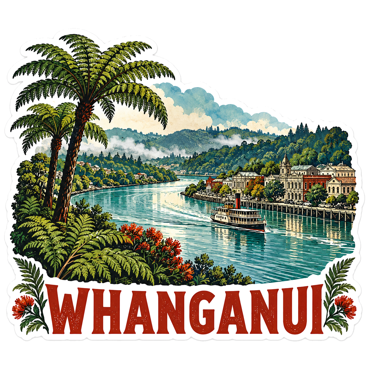 Whanganui Riverboat and Tree Ferns Art Vinyl Decal Stickers