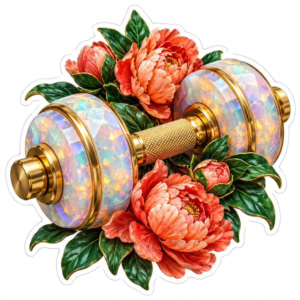 Opal Dumbbell with Coral Peony Flowers Vinyl Decal Stickers