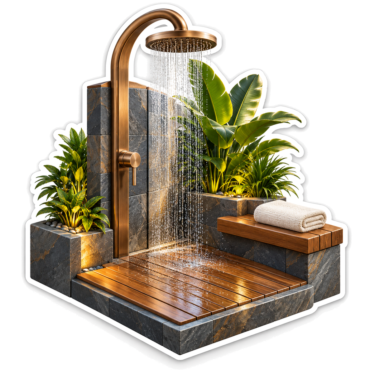 Brass Outdoor Shower With Tropical Plants Art Vinyl Decal Stickers