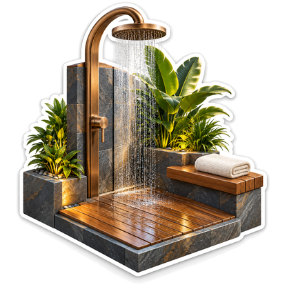 Brass Outdoor Shower With Tropical Plants Art Vinyl Decal Stickers