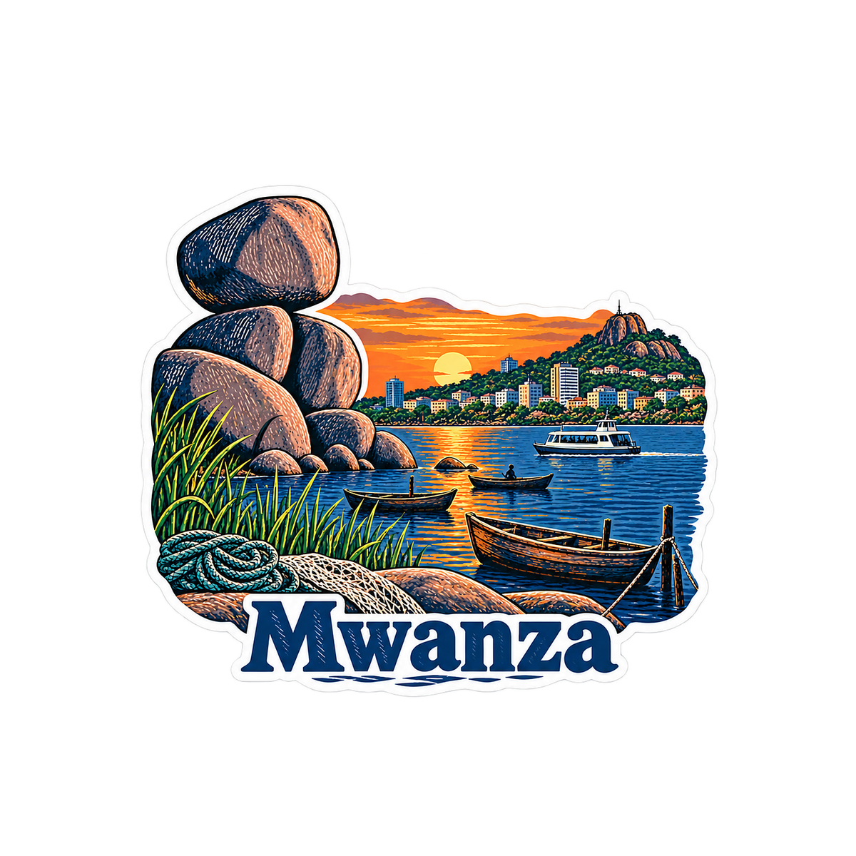Mwanza Lake Boats and Granite Rocks Art Vinyl Decal Stickers