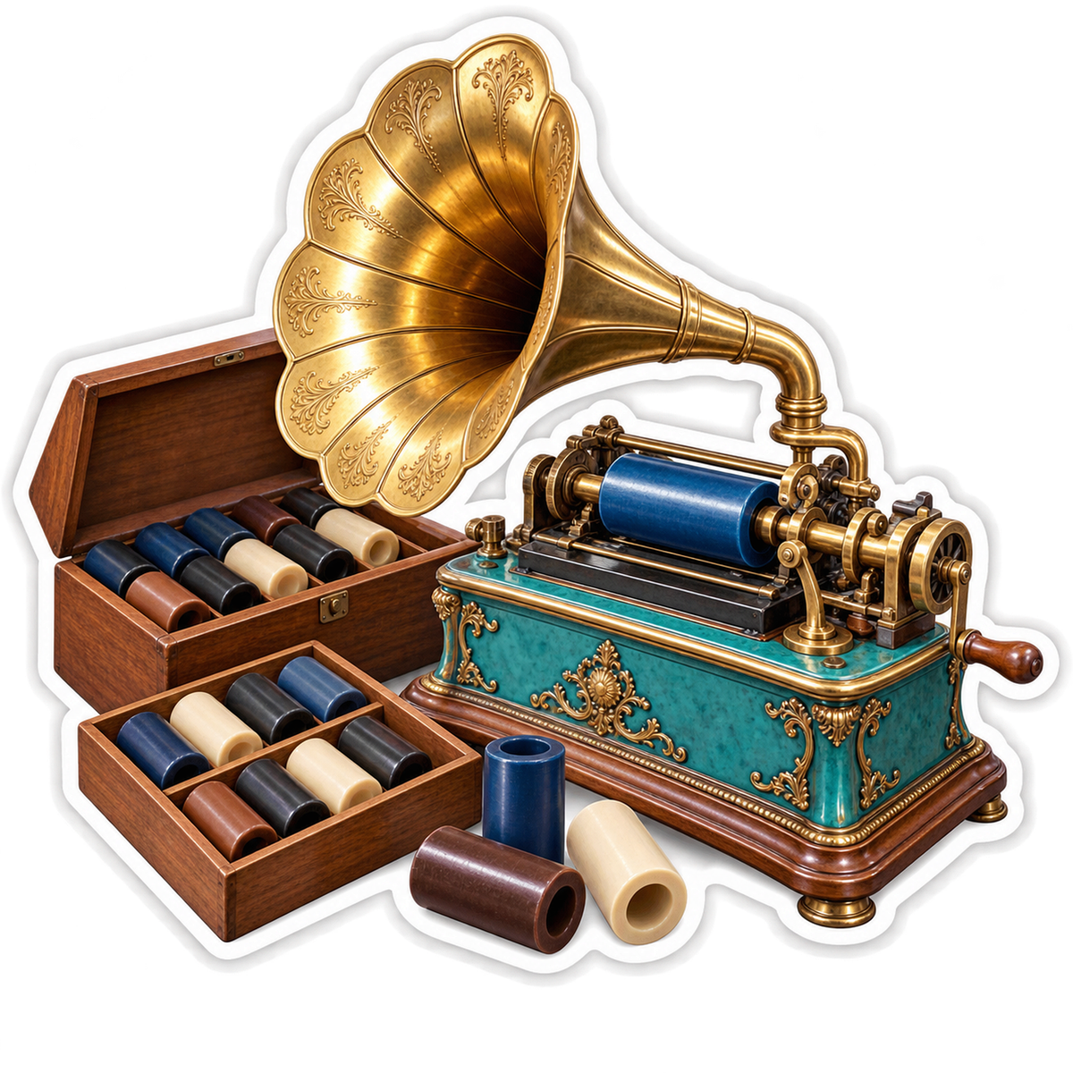 Teal Phonograph With Gold Horn and Cylinders Art Vinyl Decal Stickers