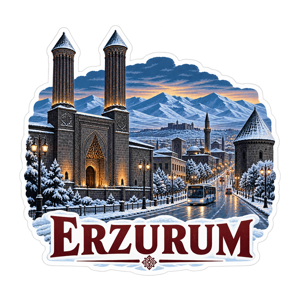Erzurum Snowy Twin Stone Towers Art Vinyl Decal Stickers